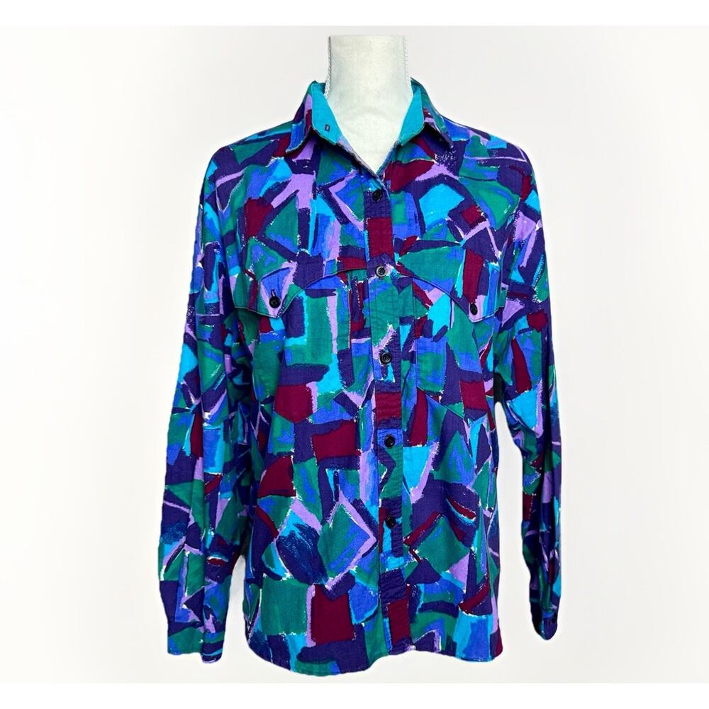 VTG 90s Roper Womens LG/XL Western Button‎ Shirt Abstract Art Purple Green Rodeo